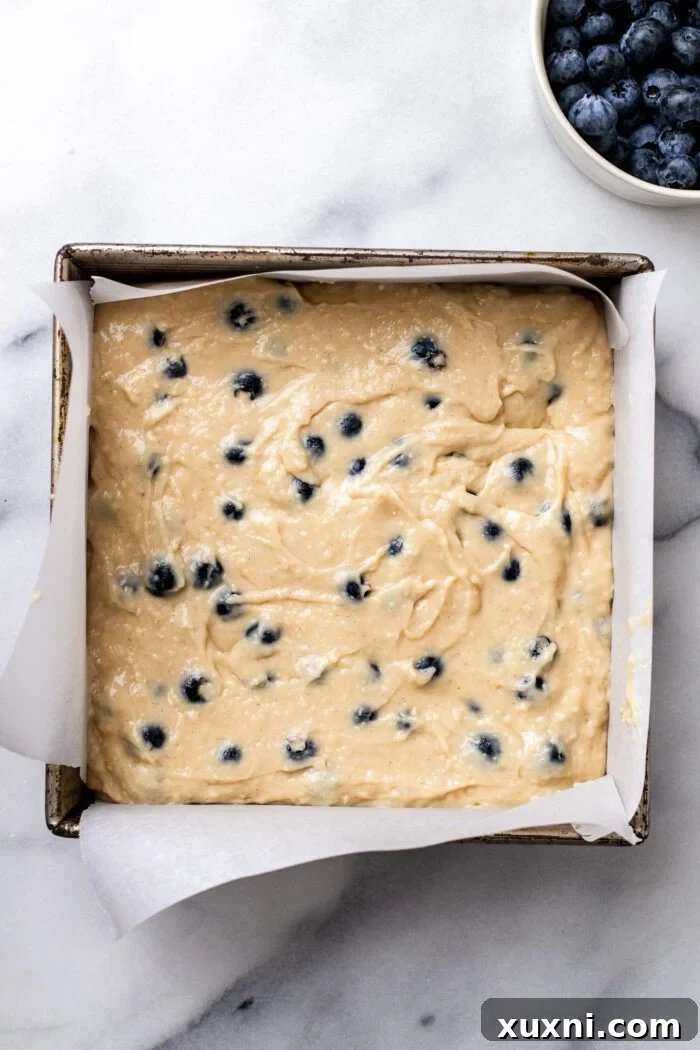 Blueberry buckle batter spread evenly in a baking pan