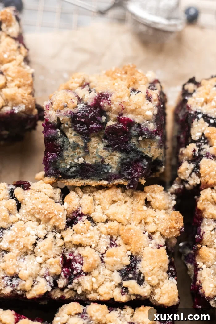 Close-up of a sliced blueberry buckle cake, showing layers