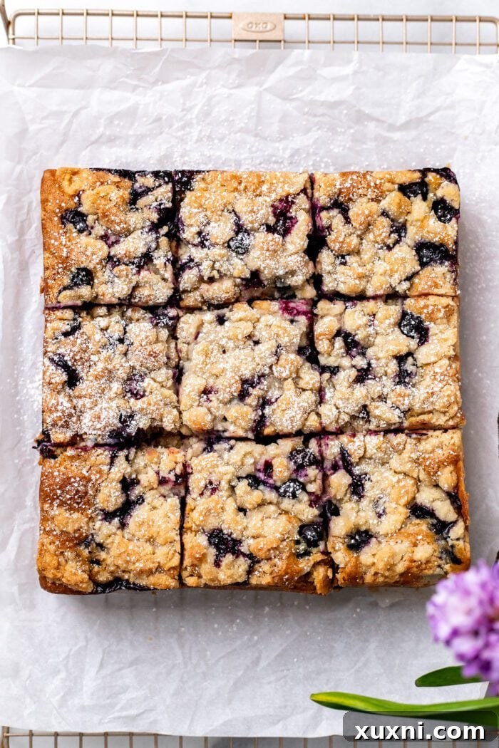Sliced vegan blueberry buckle revealing its fluffy texture and juicy blueberries