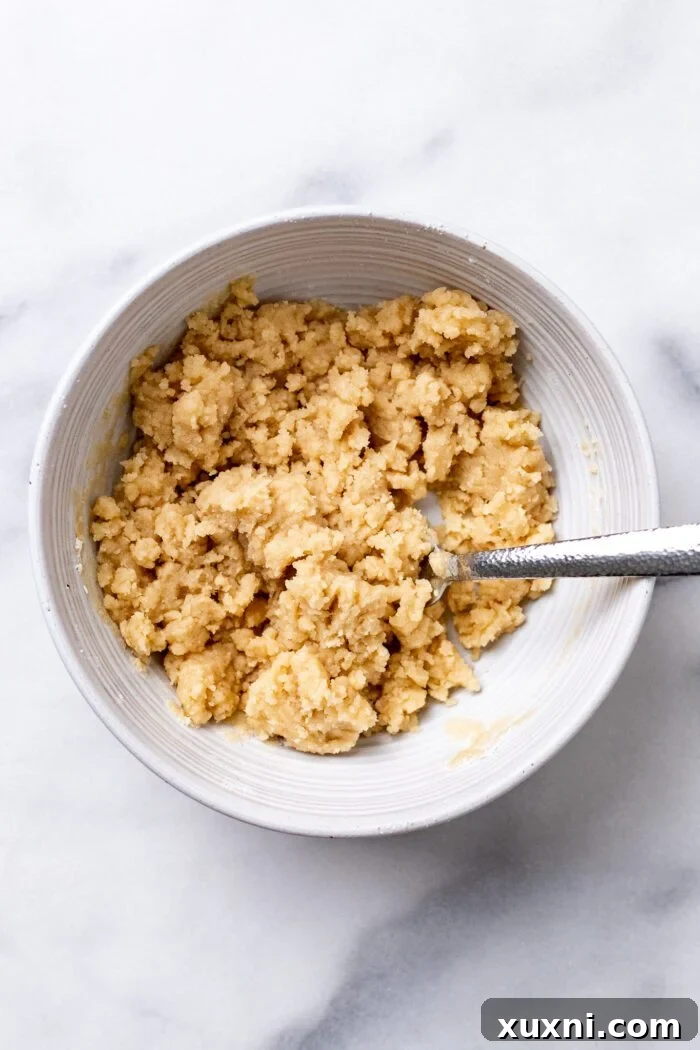 Homemade vanilla crumble mixture in a bowl