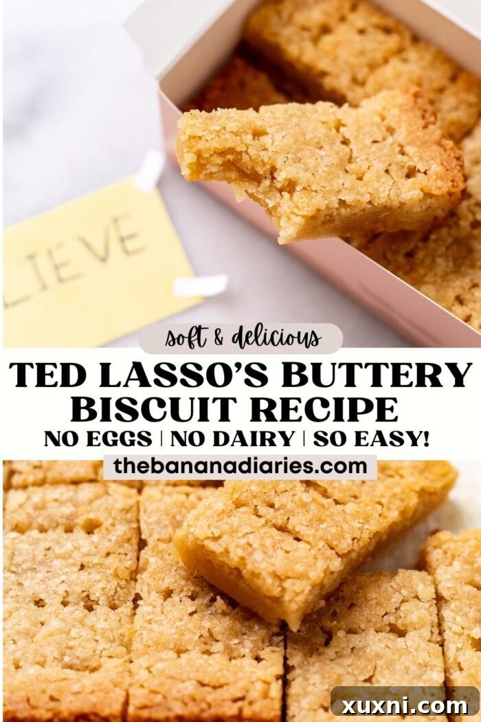 Pinterest graphic: Ted Lasso's Perfectly Buttery Vegan Biscuits Recipe, showcasing the finished product in a pink box.