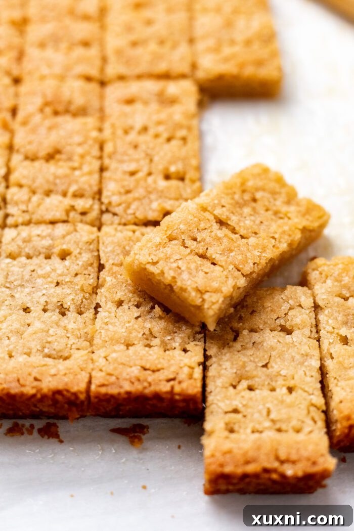 Freshly baked vegan shortbread biscuits, scored and ready for individual slicing.