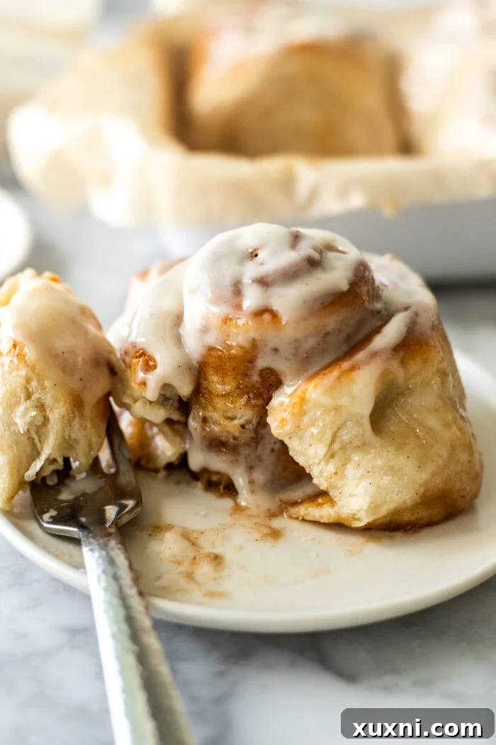 Close-up of a bitten gooey vegan cinnamon roll, showing its soft texture and rich filling