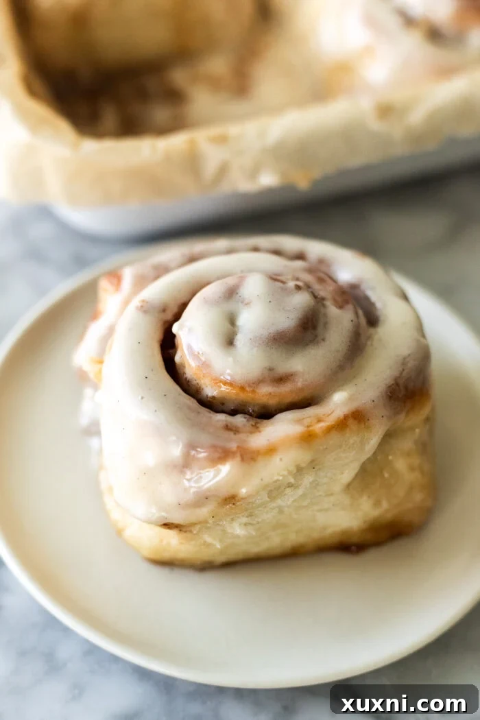 Single browned butter cinnamon roll on a plate, close up on its perfect swirl and gooey center