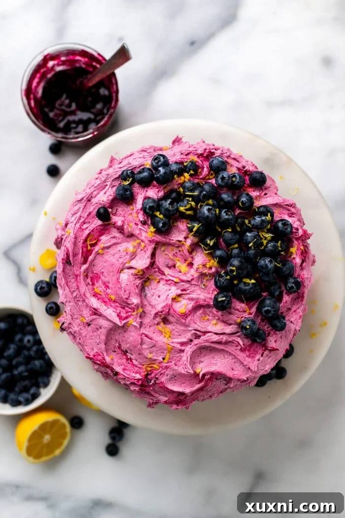 vegan blueberry frosting on a cake