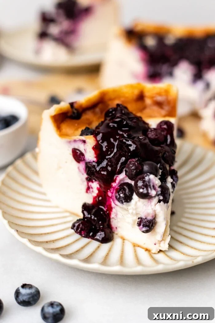 vegan blueberry burnt Basque cheesecake with blueberry sauce on top