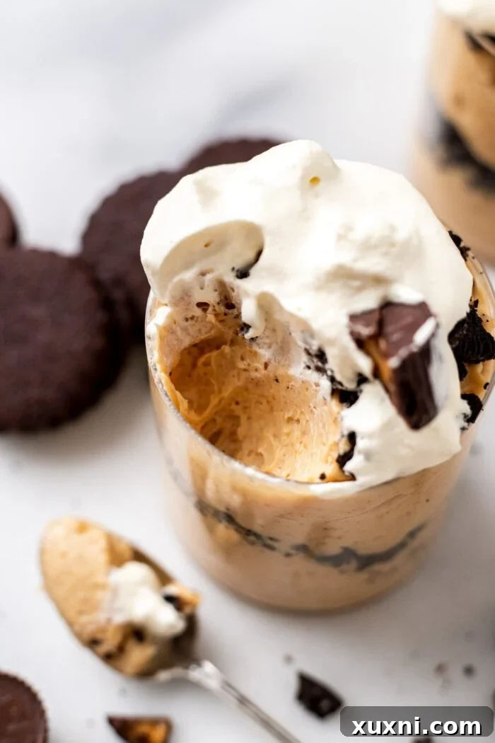 peanut butter mousse in a cup with scoop missing