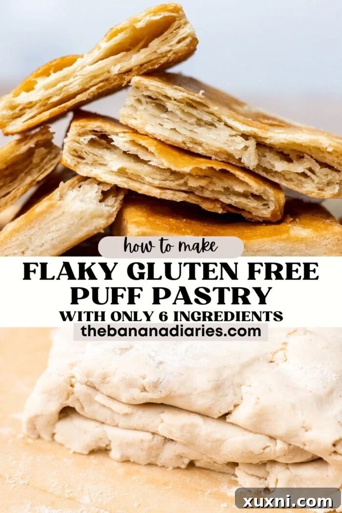 Pinterest pin for The EASIEST Flaky Gluten Free Vegan Puff Pastry (Quick Rough Puff Method), showing a beautifully baked pastry.