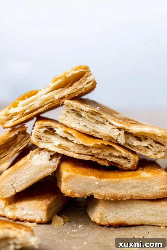 Close up view of perfectly baked gluten-free puff pastry, golden brown and exquisitely flaky.