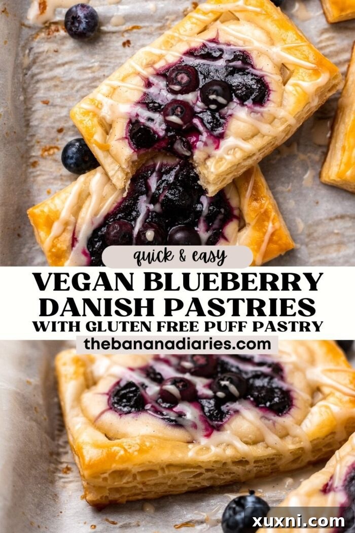 Pinterest pin for Quick Vegan Blueberry Cream Cheese Danish with Puff Pastry (Gluten Free Option!).