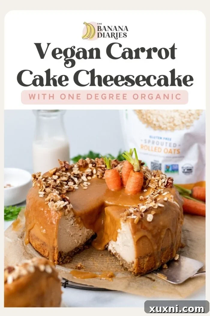 Pinterest pin image for Creamy Vegan Carrot Cake Cheesecake (No Eggs, Gluten free!)