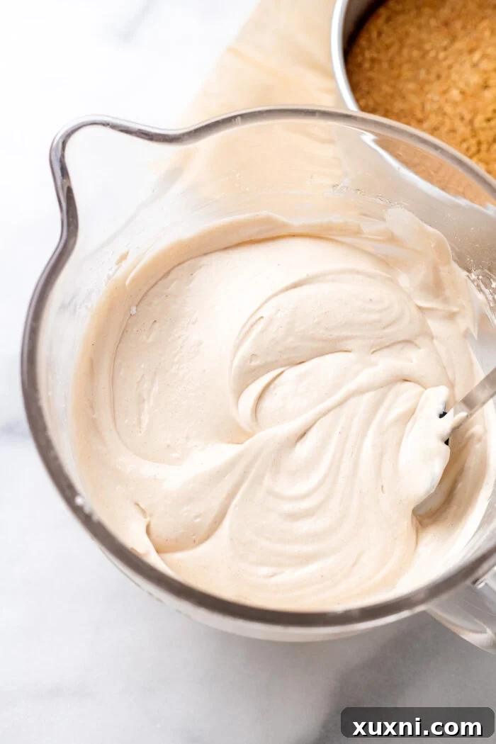 Creamy cheesecake mixture in a bowl, ready to be poured.