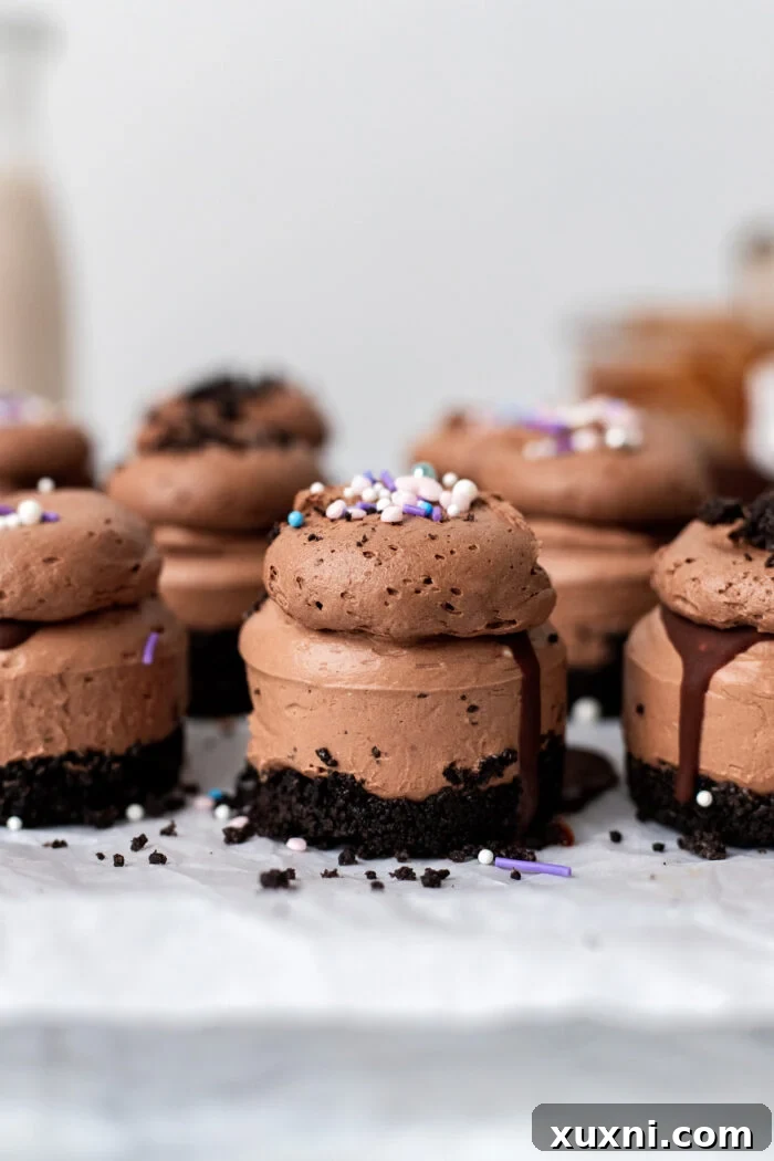 Easy No Bake Plant Based Chocolate Mini Cheesecakes 2 Decadent no-bake mini chocolate cheesecakes on parchment paper, showcasing their rich color and smooth texture, ready to be enjoyed.