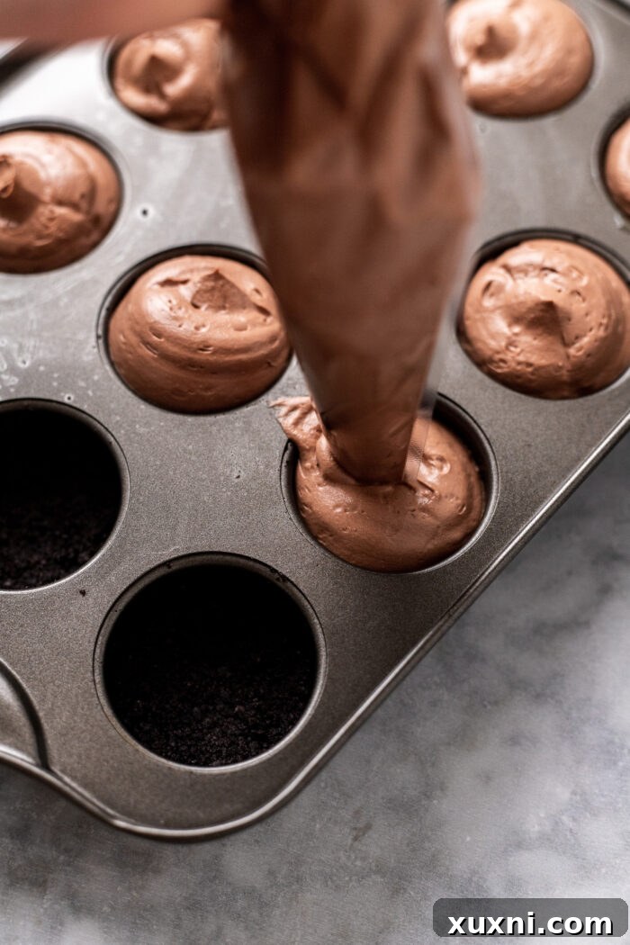 Easy No Bake Plant Based Chocolate Mini Cheesecakes 10 Piping the smooth chocolate cheesecake batter into individual mini cheesecake molds, ensuring even distribution.