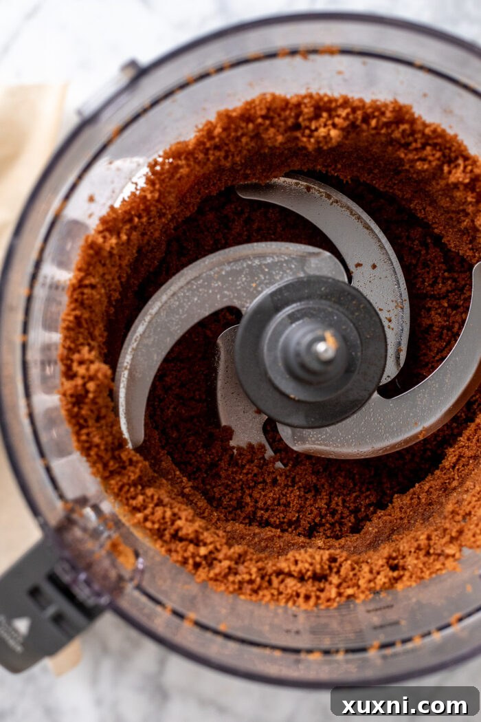 Blended Biscoff cookie crust in a food processor