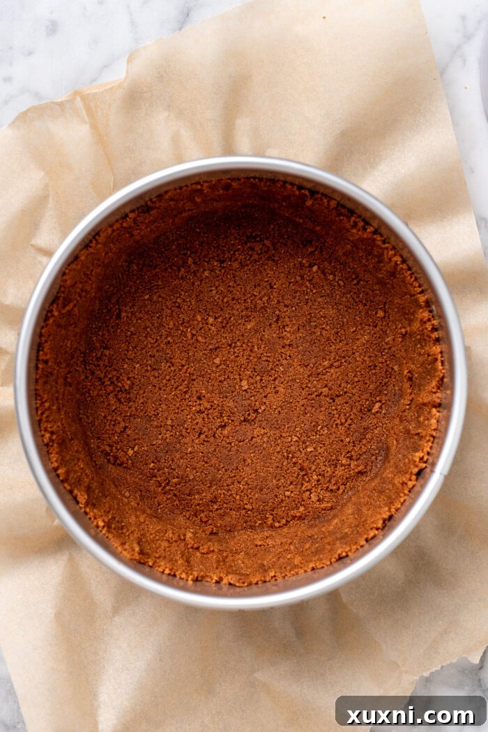 Pressed Biscoff cookie crust in a springform pan