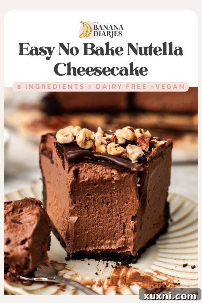 Pinterest pin image for the 7-Ingredient Easy No-Bake Vegan Nutella Cheesecake recipe.