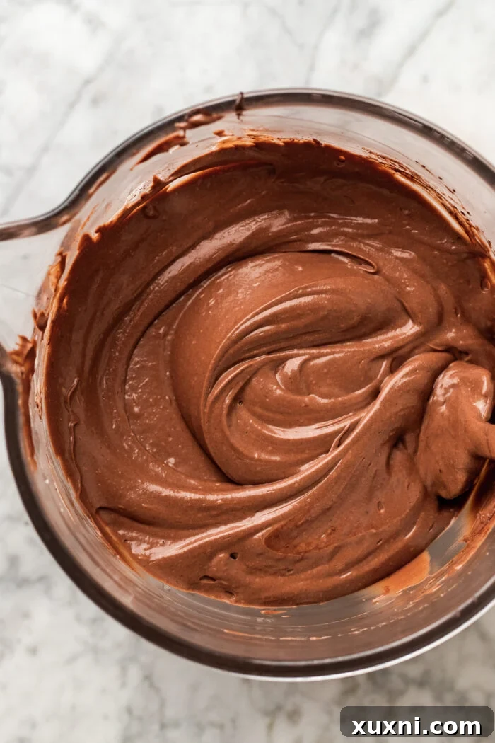 Fully mixed Nutella cheesecake batter in a bowl, showing its rich, chocolate-hazelnut color and smooth consistency.