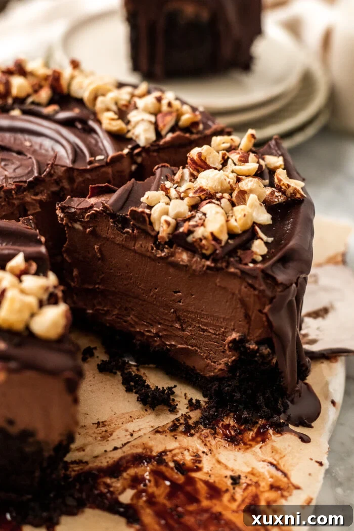 A perfectly sliced piece of vegan Nutella cheesecake on a plate, ready to be enjoyed.