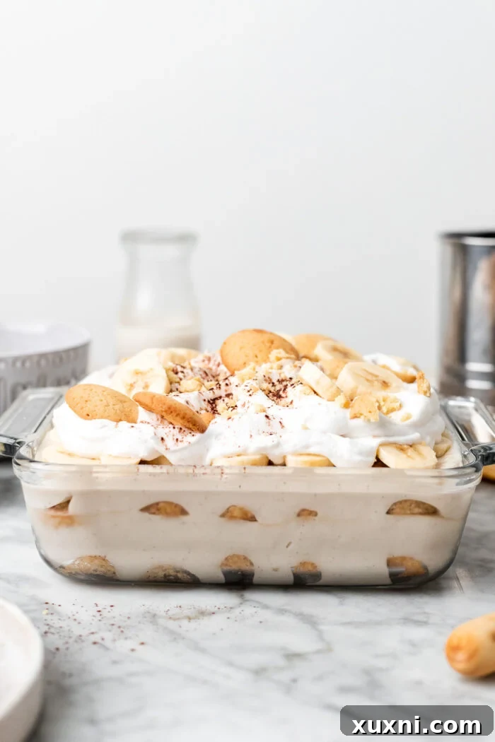 vegan banana pudding tiramisu on marble table