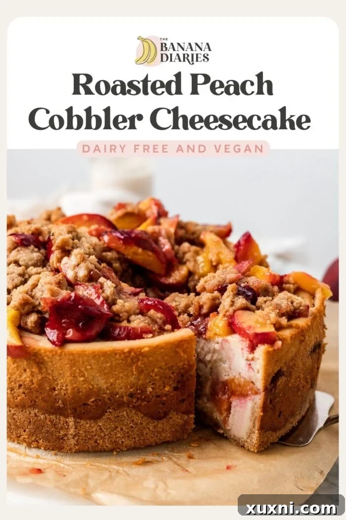 Pinterest pin graphic for Creamy Vegan Peach Cobbler Cheesecake, inviting users to save the recipe.