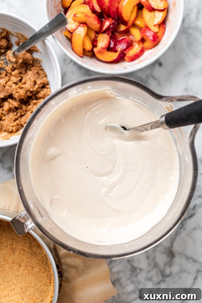 The finished vegan cheesecake batter, light, creamy, and ready for assembly.