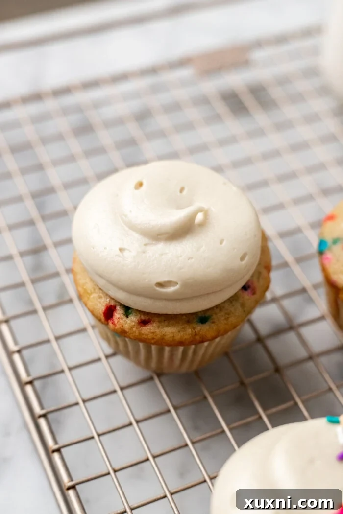 A vibrant funfetti cupcake topped with a generous swirl of homemade vegan cream cheese frosting, ready to be enjoyed.