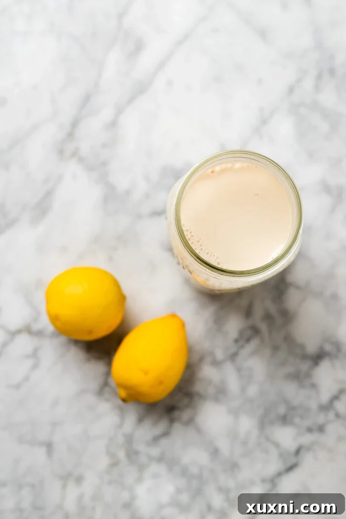 The three essential ingredients laid out for making vegan cream cheese: pea milk, lemon juice, and vegan butter or avocado oil shortening.