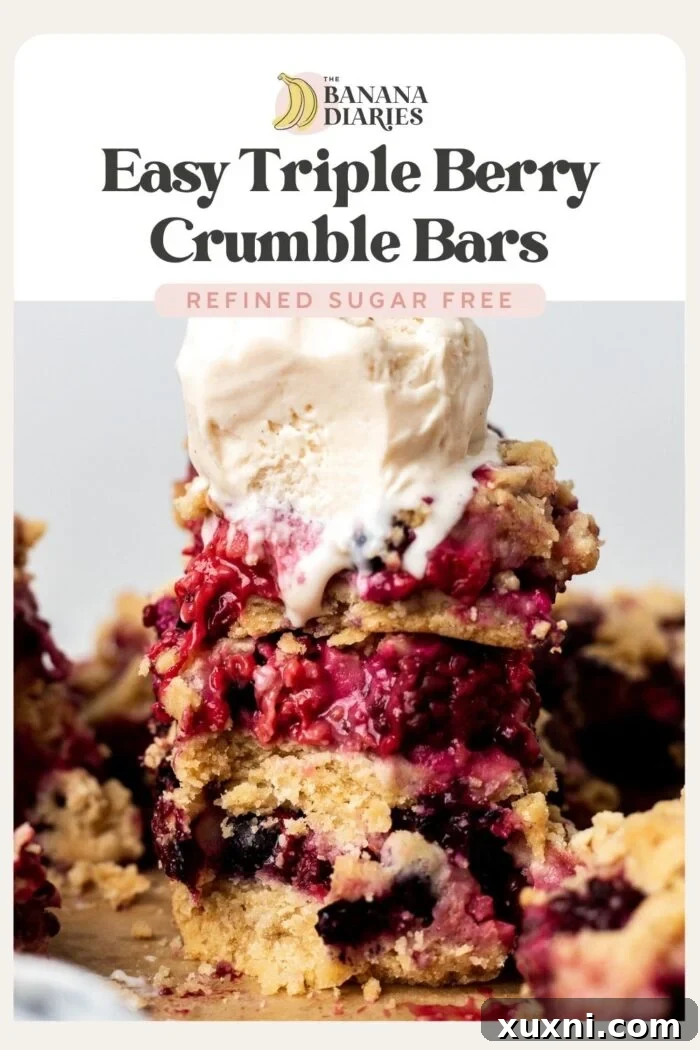 A Pinterest pin image for Quick & Easy Triple Berry Crumble Bars (Gluten Free, Vegan), showing the bars with ice cream.