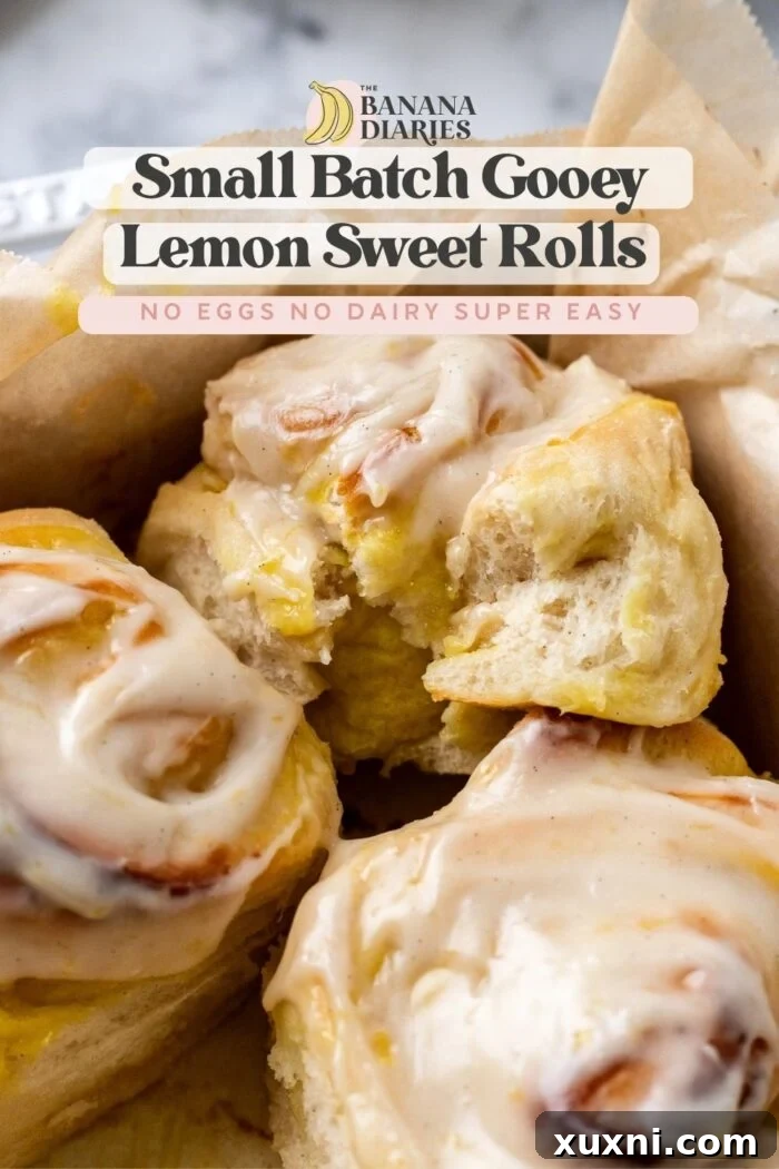 Small Batch Gooey Lemon Sweet Rolls Plant Based 19 Pinterest pin graphic featuring Small Batch Gooey Lemon Sweet Rolls (No eggs! No Dairy!)