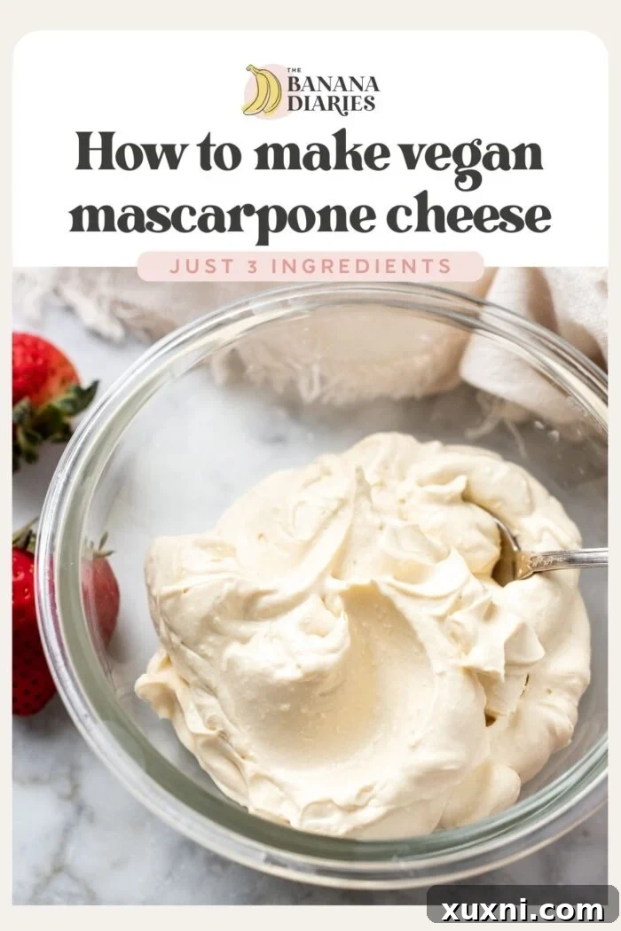 A vertical image perfect for Pinterest, showing vegan mascarpone in a bowl with text overlay: '3 Ingredient Quick Vegan Mascarpone - No Cashews, No Tofu!'