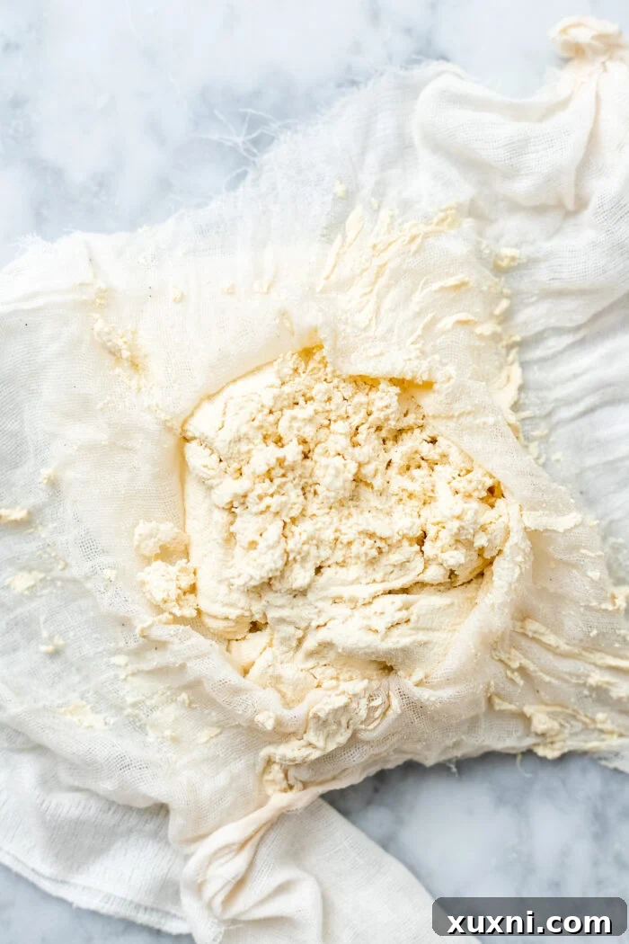 Close-up of strained and squeezed vegan pea milk curds in cheesecloth, with excess liquid removed.
