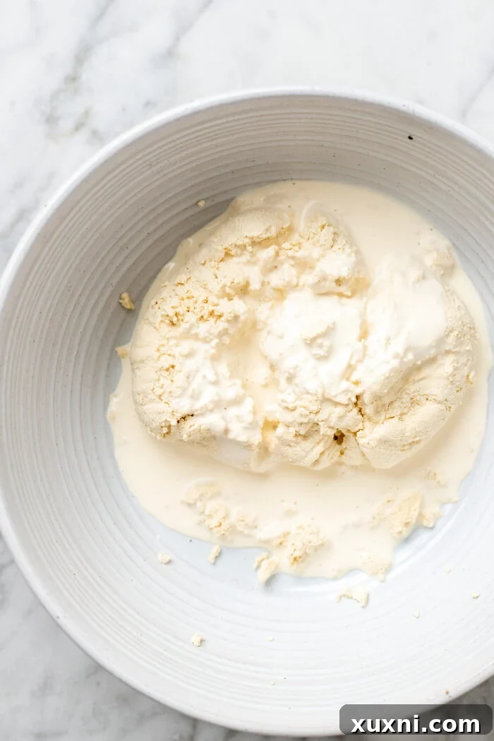 Pea milk curds and heavy vegan cream placed in a bowl, ready for blending.