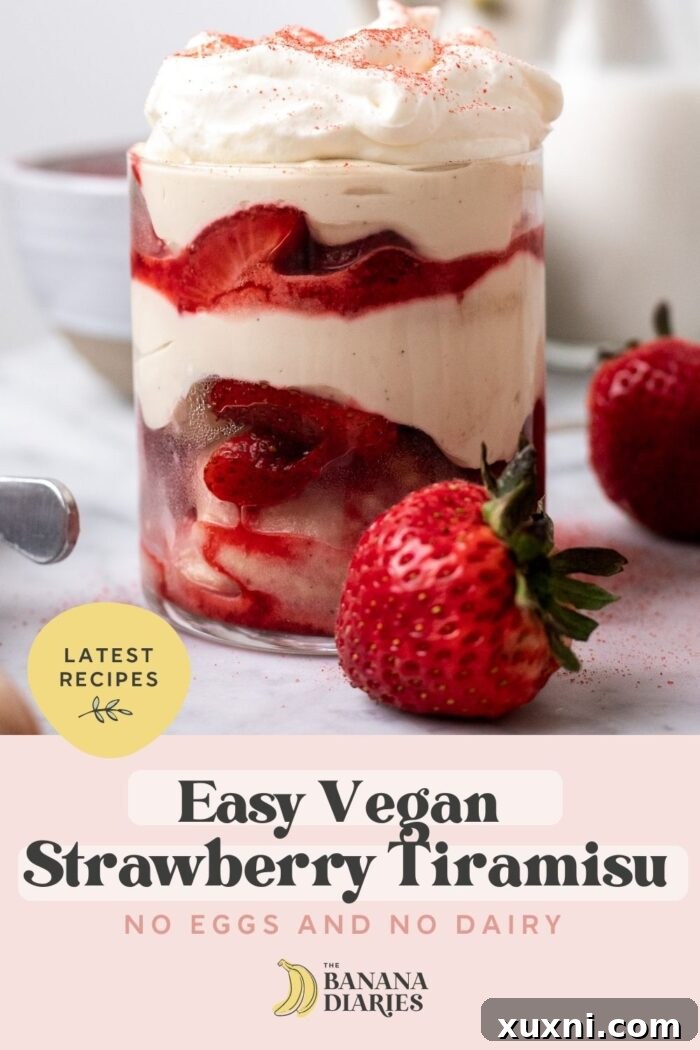 Easy Strawberry Tiramisu Cups - No eggs, no dairy, no coffee pinterest pin