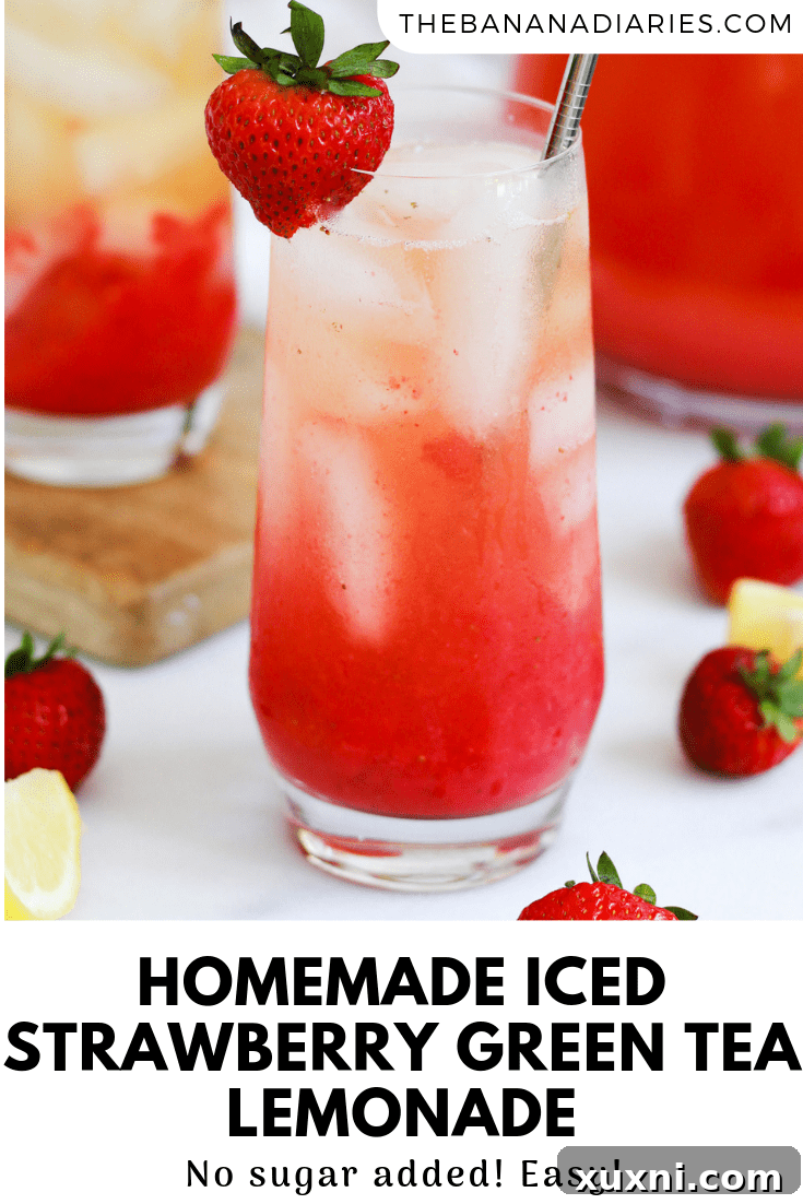 Pinterest graphic: Iced Strawberry Green Tea Lemonade recipe card