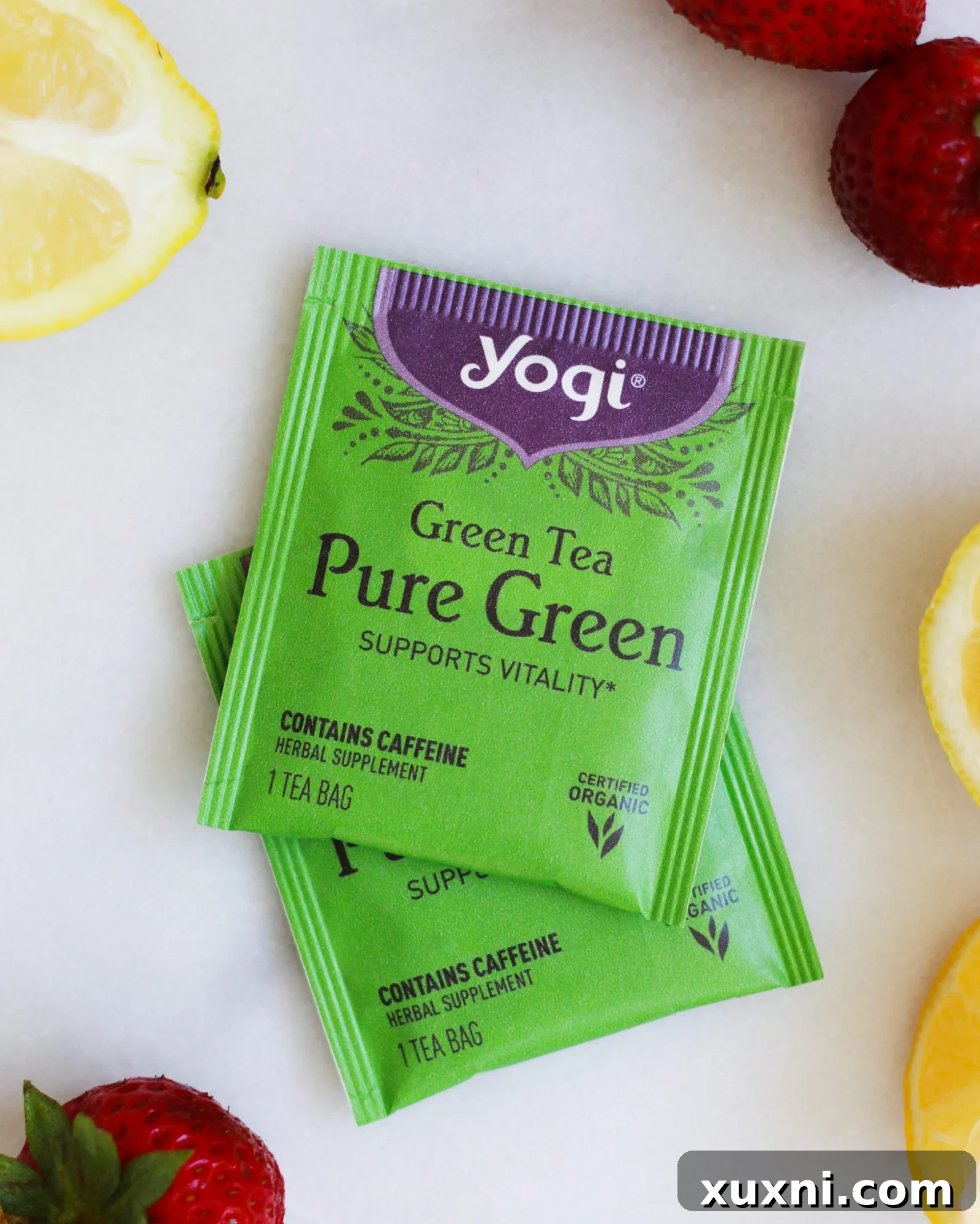 Close-up of Yogi Tea Pure Green Tea sachets, ready for brewing