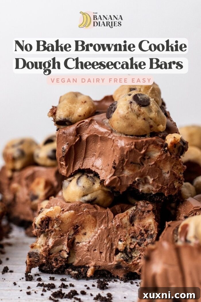 Easy No-Bake Vegan Brownie-Cookie Dough Cheesecake Bars 13 Easy No Bake Vegan Brownie Cookie Dough Cheesecake Bars pinterest pin