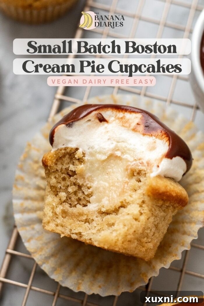 Small Batch Vegan Boston Cream Pie Cupcakes- No dairy, no eggs! pinterest pin