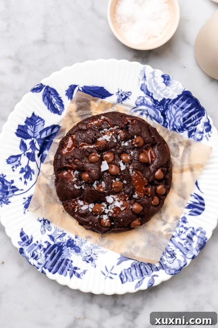 A delectable single serving double chocolate chip cookie on a plate, showcasing its soft center and crisp edges.