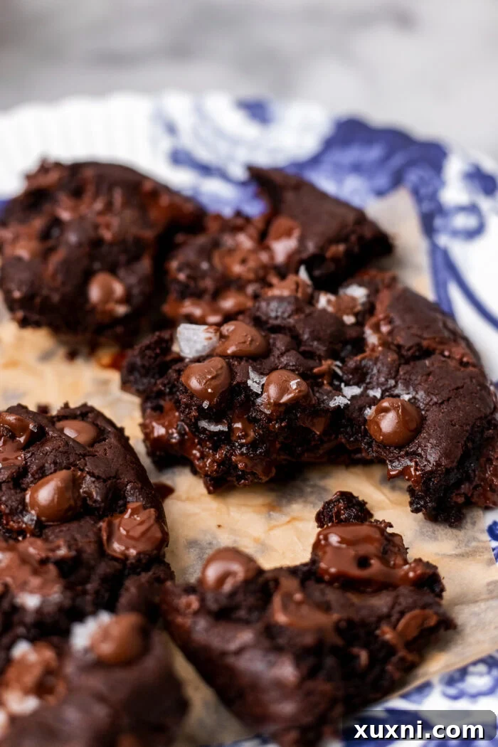 A deeply chocolatey double chocolate chip cookie, broken apart to reveal its soft, rich interior filled with melted chocolate chunks.