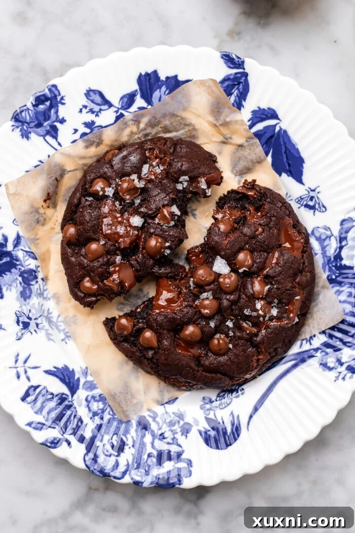 A beautiful vegan double chocolate chip cookie broken open to show its fudgy, rich texture and melted chocolate pieces.