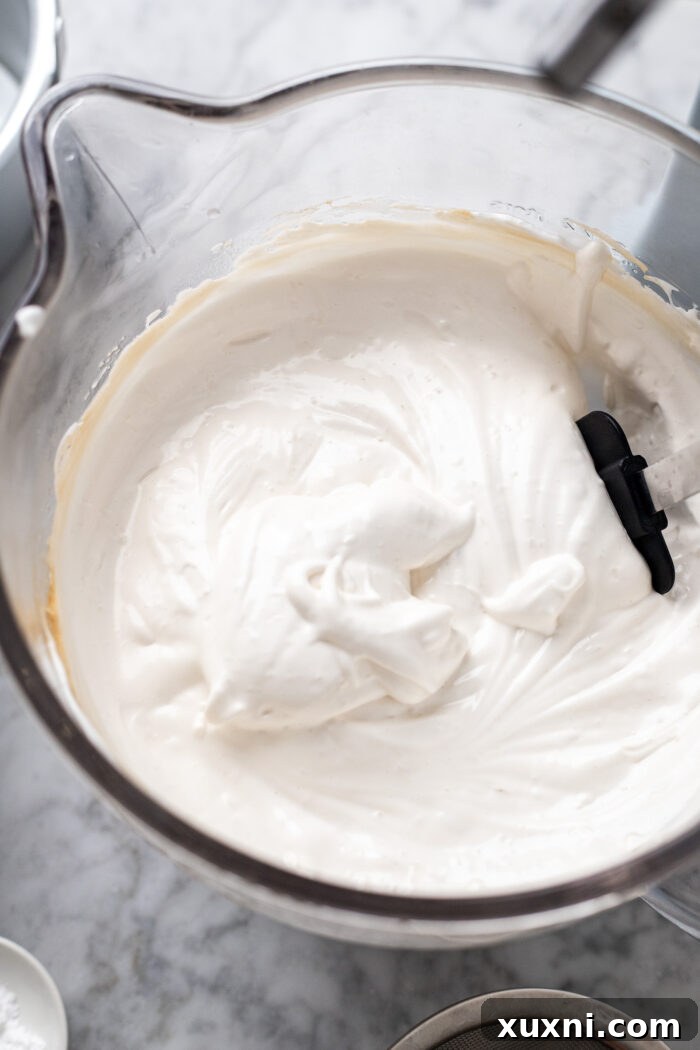 Heavenly Vegan Angel Food Cake 11 Wet ingredients fully incorporated into the vegan meringue, showing slight volume loss.