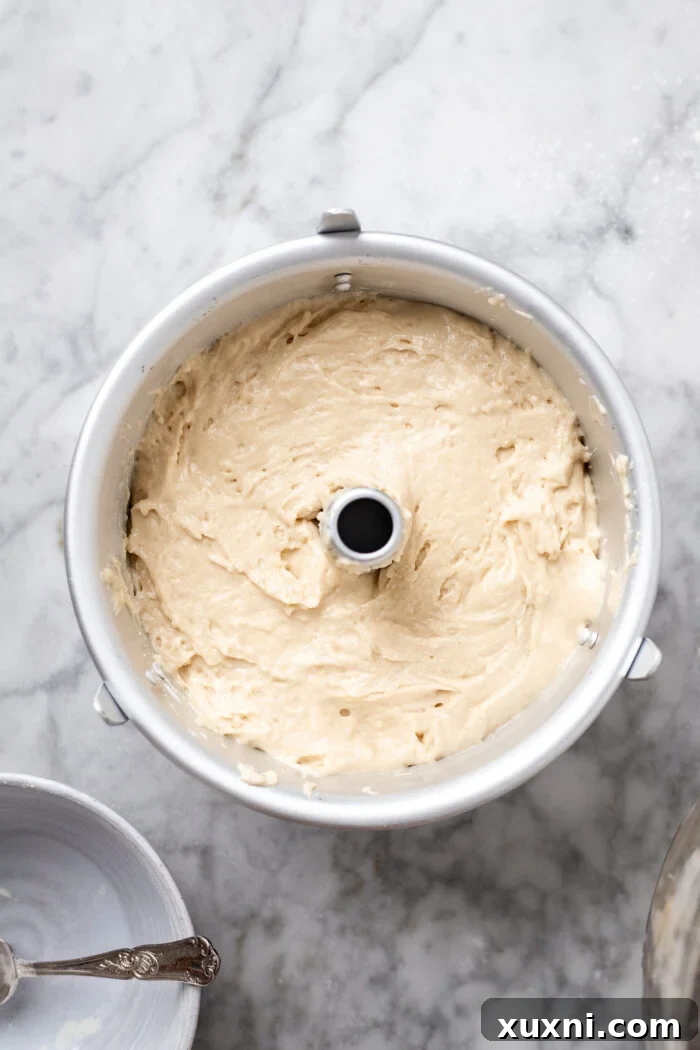 Heavenly Vegan Angel Food Cake 15 Vegan angel food cake batter in a greased pan, ready to go into the oven.