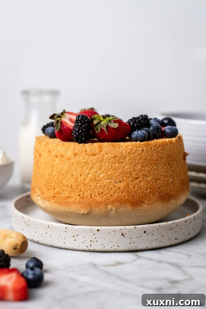 Heavenly Vegan Angel Food Cake 18 Decorated vegan angel food cake with fresh berries and whipped cream after being removed from the pan.