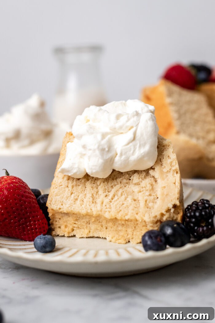 Heavenly Vegan Angel Food Cake 4 A whole vegan angel food cake presented beautifully, ready to be sliced and served.