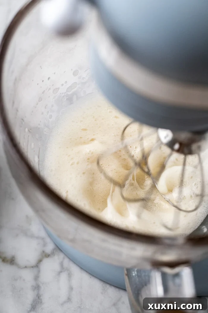 Heavenly Vegan Angel Food Cake 7 Whipping aquafaba and cream of tartar in a stand mixer bowl until foamy.