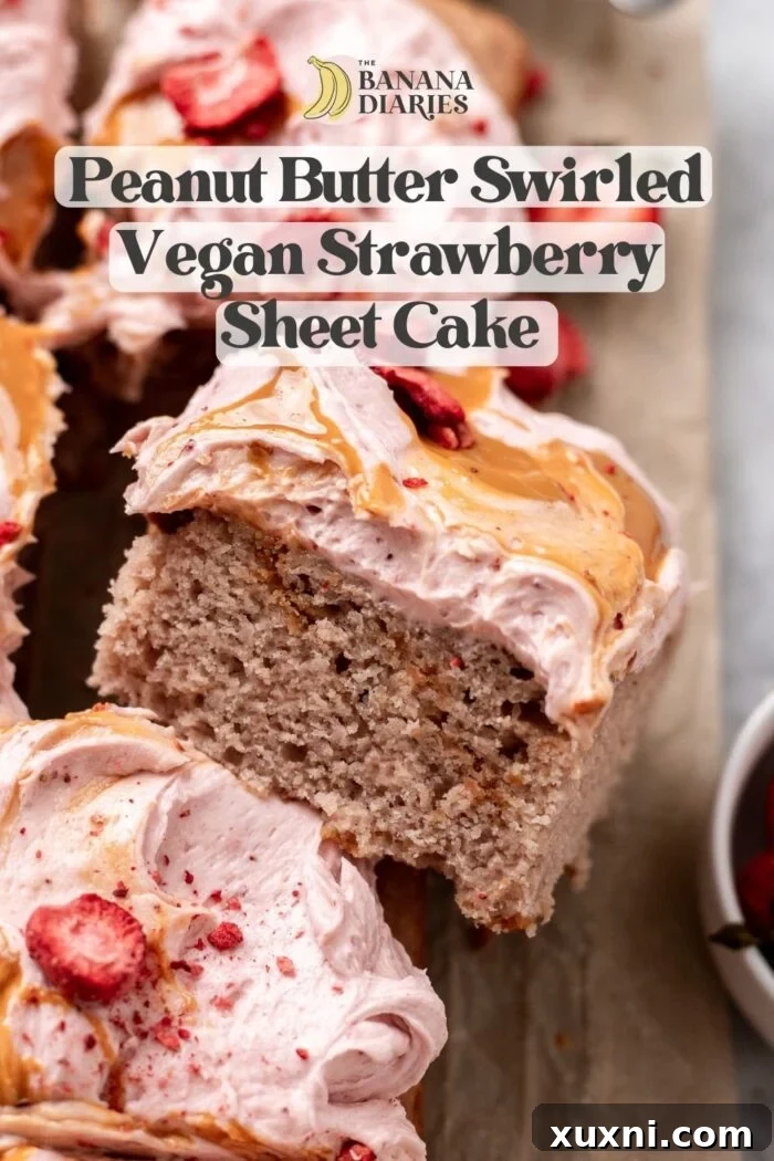 Fresh One Bowl Vegan Strawberry Sheet Cake with Peanut Butter Swirl - Pinterest Pin Graphic