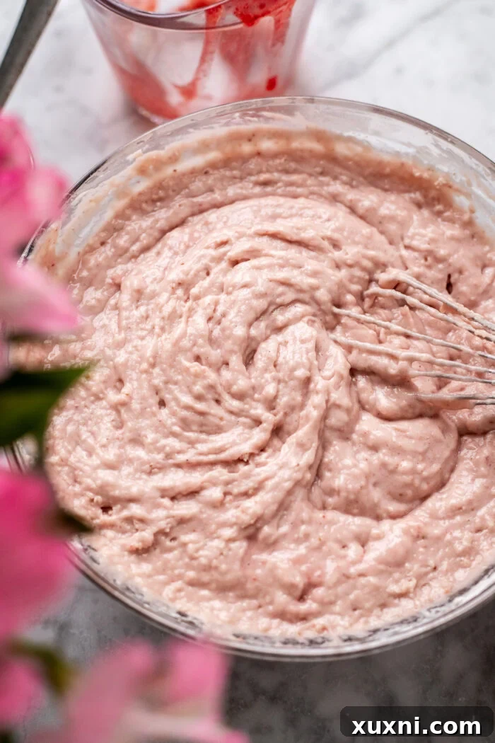 strawberry cake batter in a mixing bowl, vibrant and smooth
