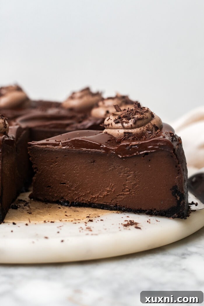 A perfectly sliced baked vegan chocolate cheesecake with a rich chocolate ganache topping, ready to be served.