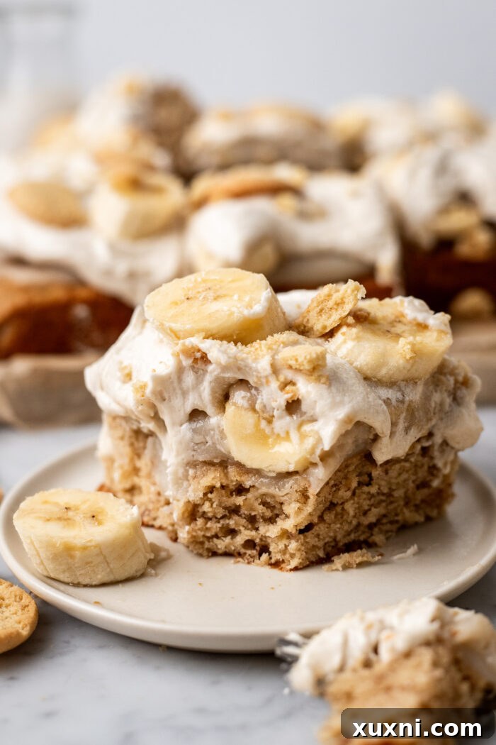 bitten slice of vegan banana pudding cake